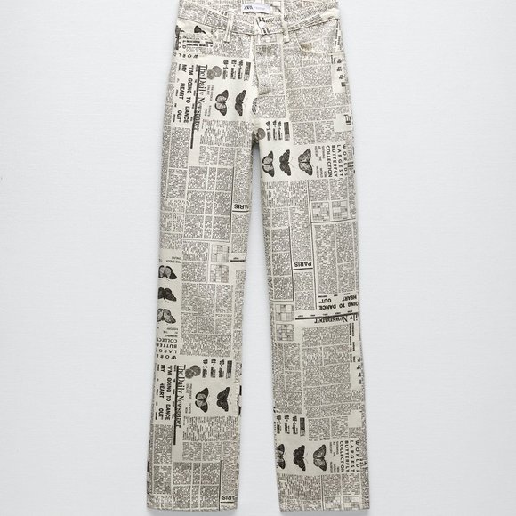 Zara Newspaper Print Straight Leg Jeans - Picture 1 of 6